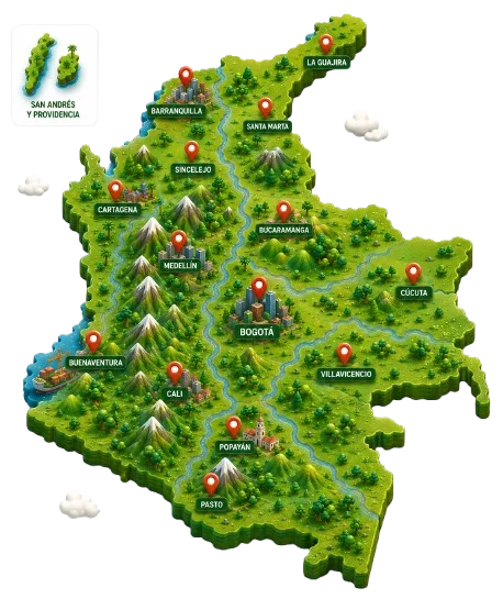 Mapa de Colombia con presencia de Colombia Próspera